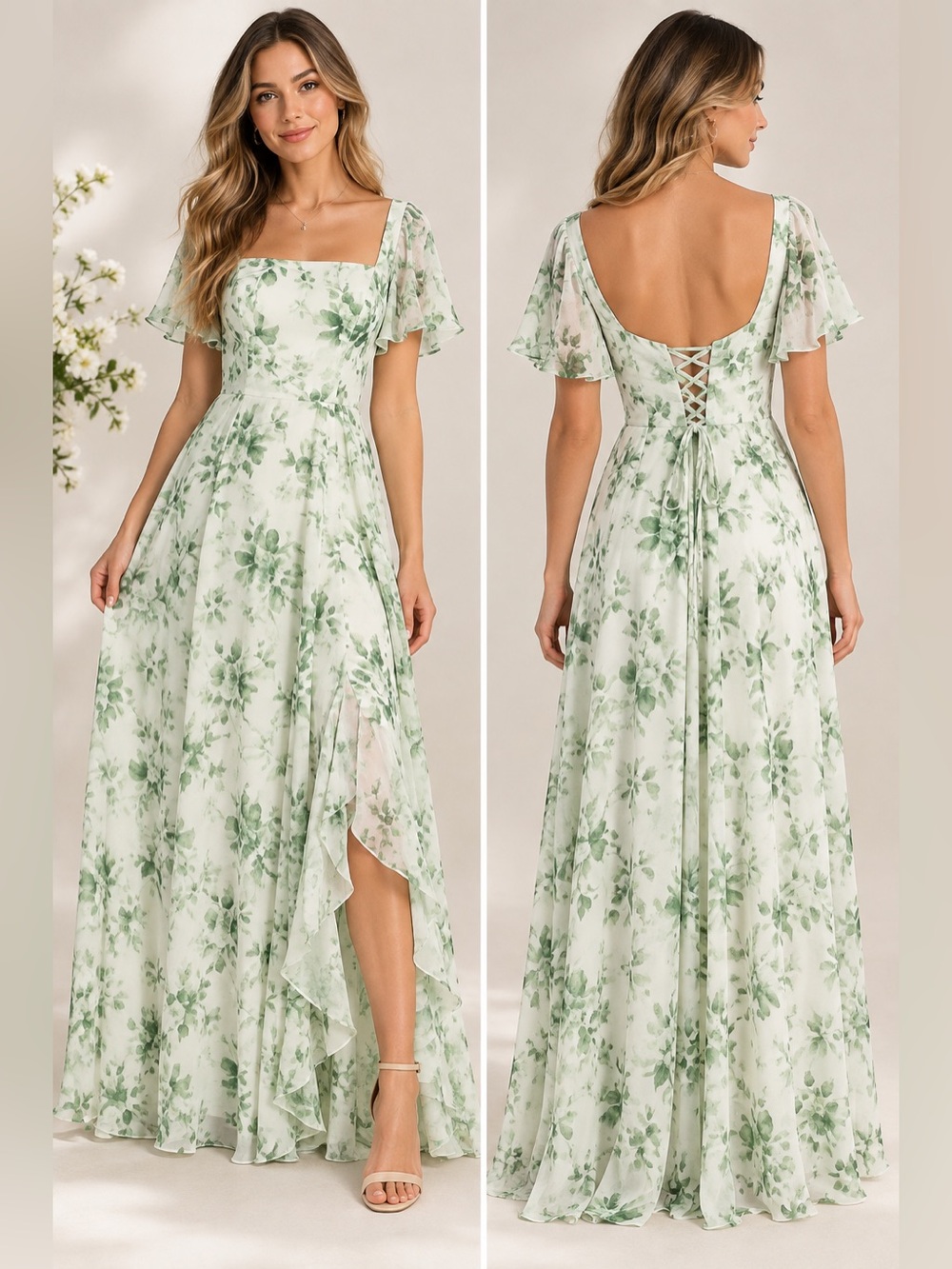 Green Floral Chiffon Maxi Dress Corset Back Flutter Sleeve Size 4